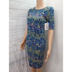 LuLaRoe LLR Women Size XXS (2XS) Fitted Julia Dress Blue Yellow Red Flowers NWT